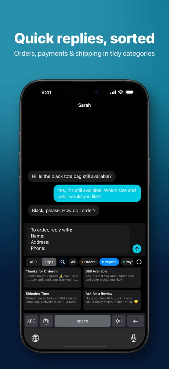 Quick replies, sorted — Orders, payments & shipping in tidy categories