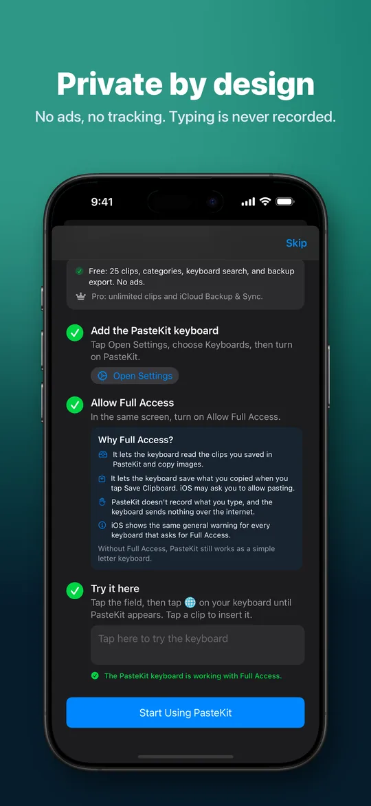 Private by design — No ads, no tracking. Typing is never recorded.