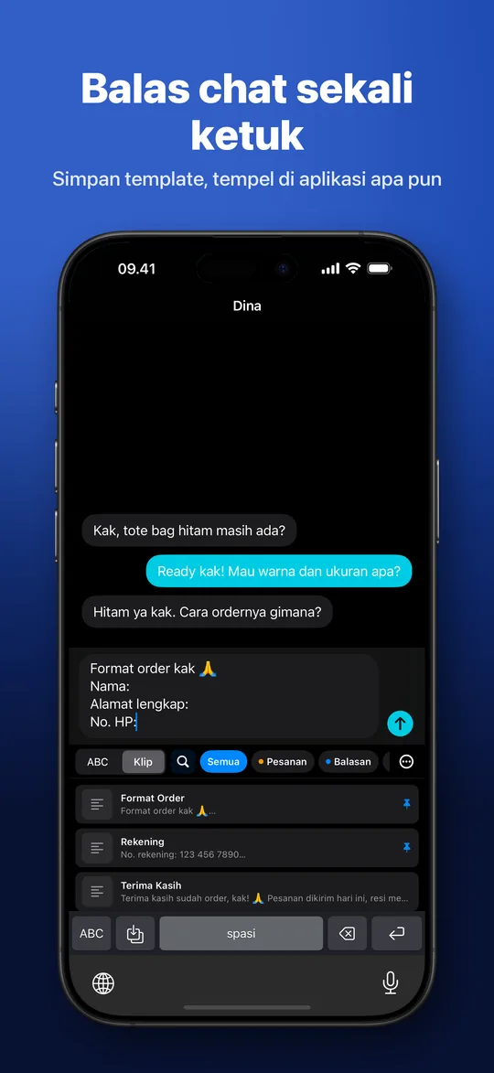 Balas chat sekali ketuk — Simpan template, tempel di aplikasi apa pun