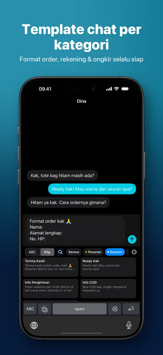 Template chat per kategori — Format order, rekening & ongkir selalu siap